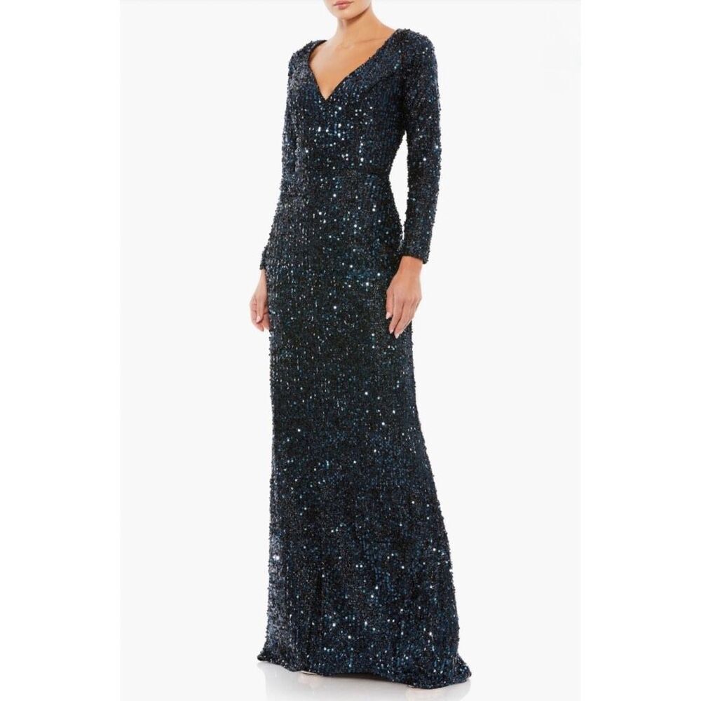 Ieena Mac Duggal 26445 Sequin Long Sleeve Gown 4 Midnight Blue Black Tie Nwt